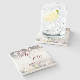 Aquarell Rosa Gelbe Rosen, schwarz verschwommen, H Steinuntersetzer