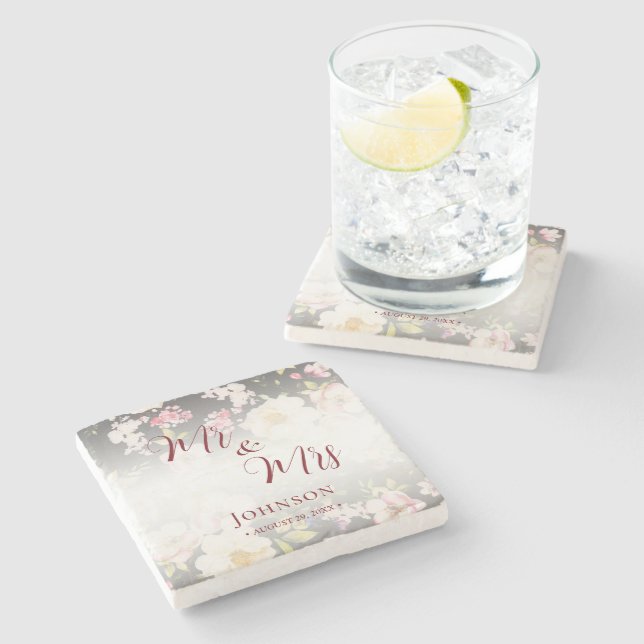 Aquarell Rosa Gelbe Rosen, schwarz verschwommen, H Steinuntersetzer (Seitenansicht)