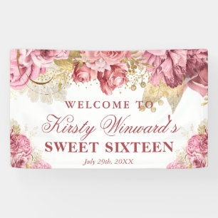 Aquarell Rosa Gold Blumen Sweet Sixteen Willkommen Banner