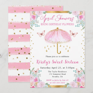 Aquarell Rosa Gold Frühling Schirm Sweet Sixteen Einladung