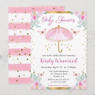 Aquarell Rosa Gold Frühlingsregenschirm Baby Showe Einladung