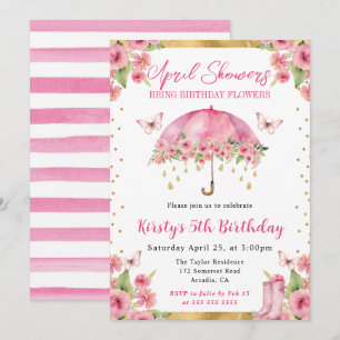 Aquarell Rosa Gold Frühlingsregenschirm Kinder Geb Einladung
