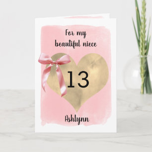 Aquarell Rosa Gold Herz 13. Geburtstag Nichte Karte