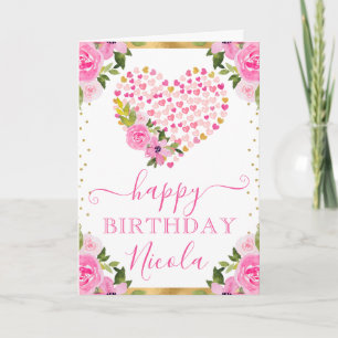 Aquarell Rosa Gold Herzen Blumen Geburtstag Karte