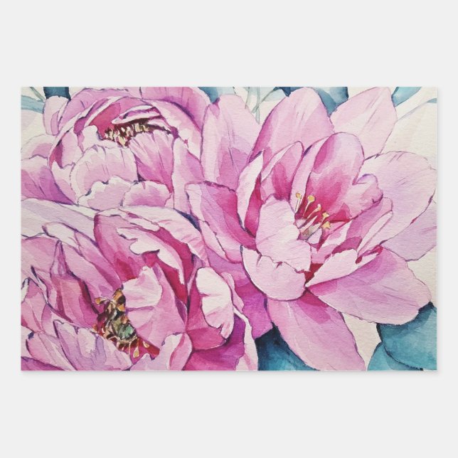 Aquarell-Rosa-große-Pfingstrosen-Blumen  Geschenkpapier Set (Vorderseite)
