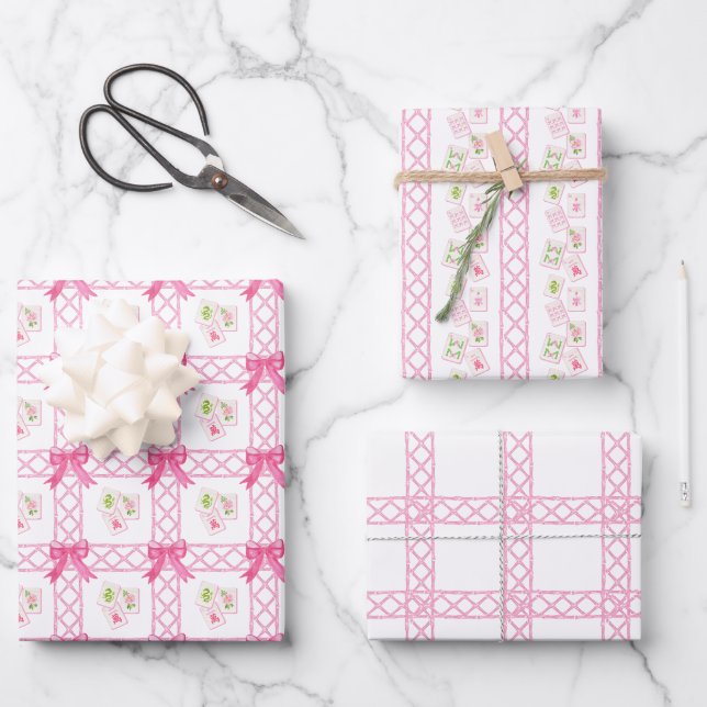 Aquarell Rosa & Grün Bogen Mahjong Geschenkpapier Set (Vorderseite)
