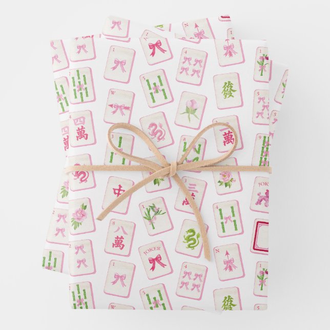 Aquarell Rosa & Grün Bogen Mahjong Geschenkpapier Set (Beispiel)