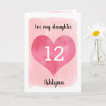 Aquarell Rosa Herz 12. GeburtstagsTochter Karte<br><div class="desc">Eine personalisierte Tochter 12. Geburtstagskarte, die ein Aquarellherz gegen rosa Wasserfarbe aufweist. Sie können das Herz mit dem Alter, das Sie brauchen, personalisieren und ihren Namen unter das Herz tragen. Die Insider-Meldung kann leicht bearbeitet werden, wenn gewollt. Auf der Rückseite der Karte steht "Happy Birthday", was auch geändert werden kann....</div>