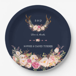 Aquarell-Rosa-Hochzeits-Geweih-Navy Pappteller