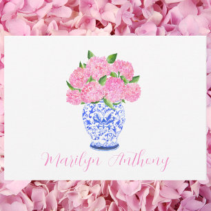 Aquarell Rosa Hortensie Chinoiserie Vase Maßanfert Mitteilungskarte