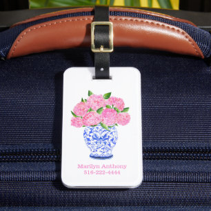 Aquarell-Rosa-Hortensien-Chinoiserie-Name-Nummer Gepäckanhänger