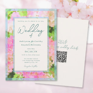 Aquarell Rosa Hortensien Garten QR Code Hochzeit Einladung