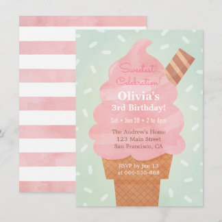 Aquarell Rosa Ice Creme Kindergeburtstag Party Einladung