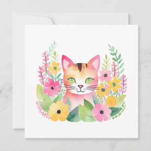 Aquarell-Rosa-Katze und Sommerblumen  Karte