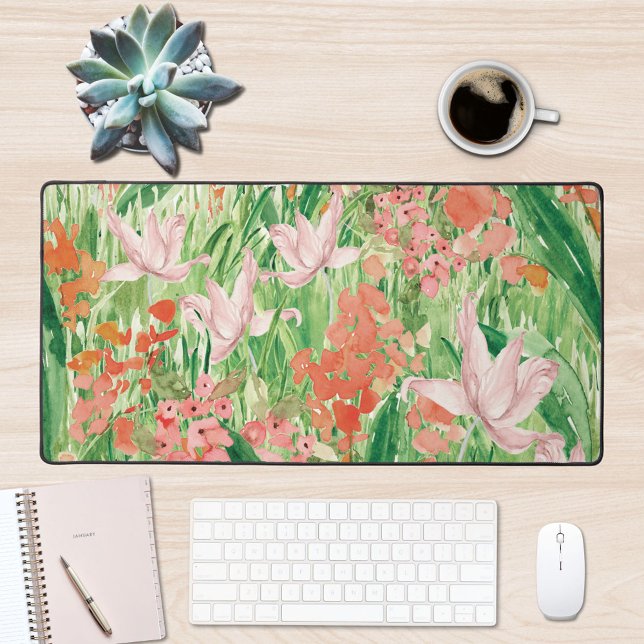 Aquarell Rosa Korallen Blumenwiese Schreibtischunterlage (In situ office desk)