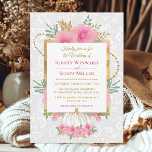 Aquarell-Rosa-Kürbis-Blumen-Goldfolie-Hochzeit Einladung