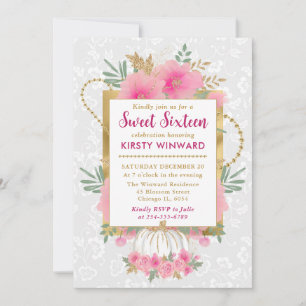 Aquarell Rosa Kürbis und Blumen Sweet 16 Einladung