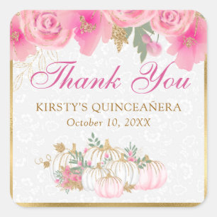Aquarell Rosa Kürbisblüten Gold Quinceanera Quadratischer Aufkleber