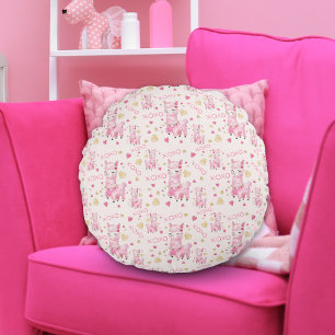 Aquarell-Rosa Lama XOXO Rundes Kissen