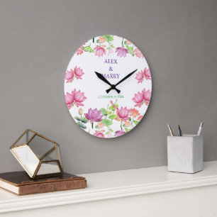 Aquarell Rosa Lotus Blumen Garten HOCHZEIT Große Wanduhr