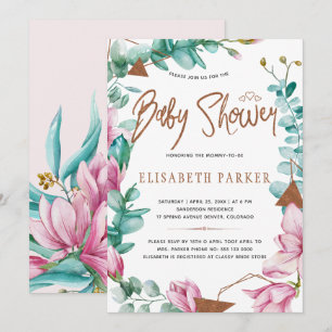 Aquarell rosa Magnolien Kupfer Baby Mädchen Shower Einladung