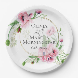 Aquarell Rosa Mohn und Laub Pappteller
