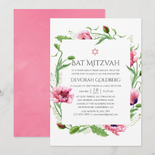 Aquarell Rosa Mohnblumen Bat Mitzvah Einladung