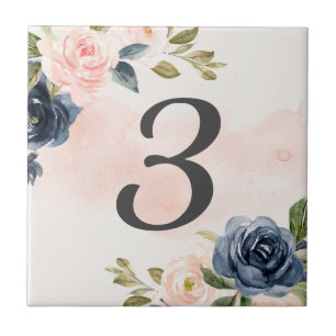 Aquarell Rosa Navy Florales Hausnummer  Fliese