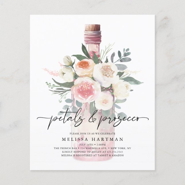 Aquarell Rosa Petals & Prosecco Brautparty Flyer (Vorne)