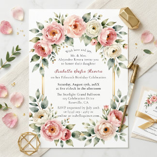 Aquarell-Rosa-Pfingstrose-Goldrahmen Quinceañera Einladung
