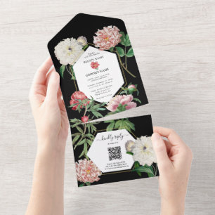 Aquarell Rosa Pfingstrosen Blumen Hochzeit Schwarz All In One Einladung
