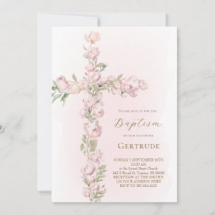Aquarell rosa Pfingstrosen Kreuz Tauf Einladung