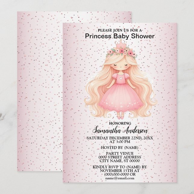 Aquarell Rosa Princess Baby Dusche Party Einladung (Vorne/Hinten)