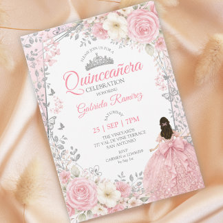 Aquarell-Rosa-Quinceañera Silber  Einladung