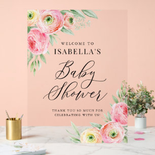 Aquarell Rosa Ranunculus Babydusche Begrüßung Acrylschild