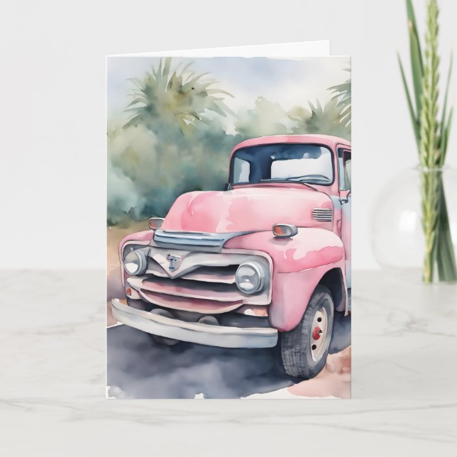 Aquarell Rosa Retro LKW Geburtstag Karte (Vorderseite)