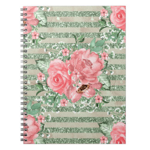 Aquarell-Rosa-Rosen auf grünen Glitterstreifen Notizblock