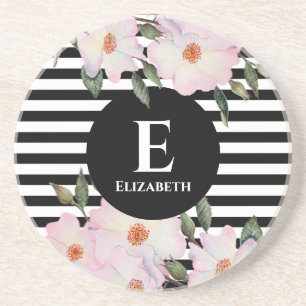 Aquarell-Rosa-Rosen-Ballerina-Streifen-Monogramm Getränkeuntersetzer