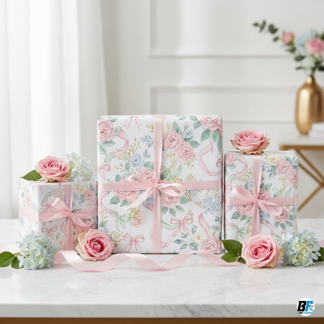 Aquarell-Rosa Rosen Blaue Blumenbänder & Schleifen Geschenkpapier (Von Creator hochgeladen)