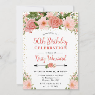 Aquarell-Rosa-Rosen-Blumen 50. Geburtstag Einladung