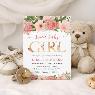 Aquarell Rosa Rosen Blumen Babyparty Einladung