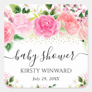 Aquarell Rosa Rosen Blumen Babyparty Quadratischer Aufkleber