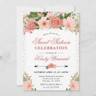 Aquarell-Rosa-Rosen-Blumen-Foto Sweet 16 Einladung