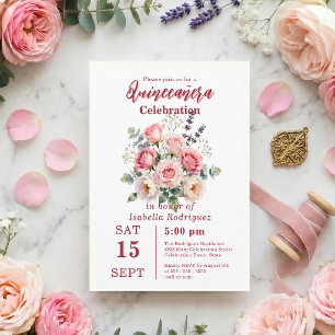 Aquarell-Rosa-Rosen-Blumen-Quinceañera Einladung