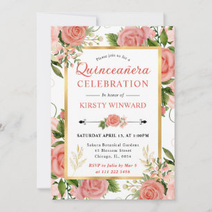 Aquarell Rosa Rosen Blumen Quinceanera Einladung