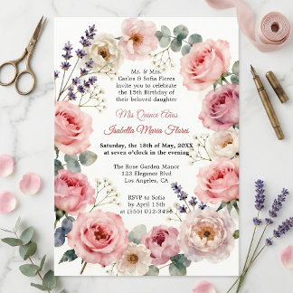 Aquarell-Rosa-Rosen-Blumenkranz Quinceañera Einladung