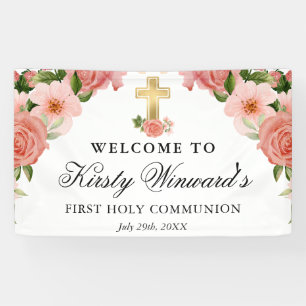 Aquarell-Rosa-Rosen Erste Heilige Kommunion Banner