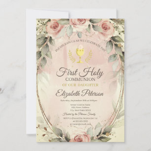 Aquarell-Rosa-Rosen Erste Heilige Kommunion Einladung