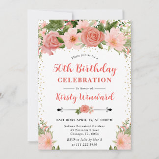 Aquarell rosa Rosen & Foto 50. Geburtstag Einladung