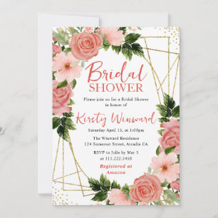 Aquarell Rosa Rosen Goldrahmen Brautparty Einladung